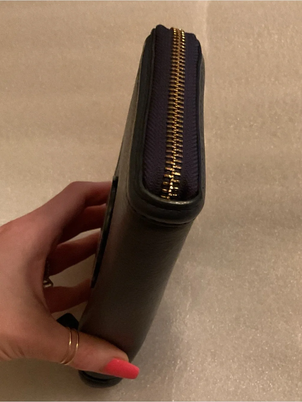 Tory Burch Miller Oversized Logo Long Zip Around Navy Pebbled Leather Wallet